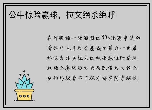 公牛惊险赢球，拉文绝杀绝呼