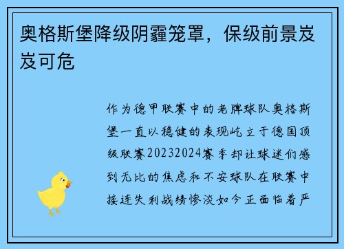 奥格斯堡降级阴霾笼罩，保级前景岌岌可危